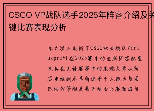 CSGO VP战队选手2025年阵容介绍及关键比赛表现分析